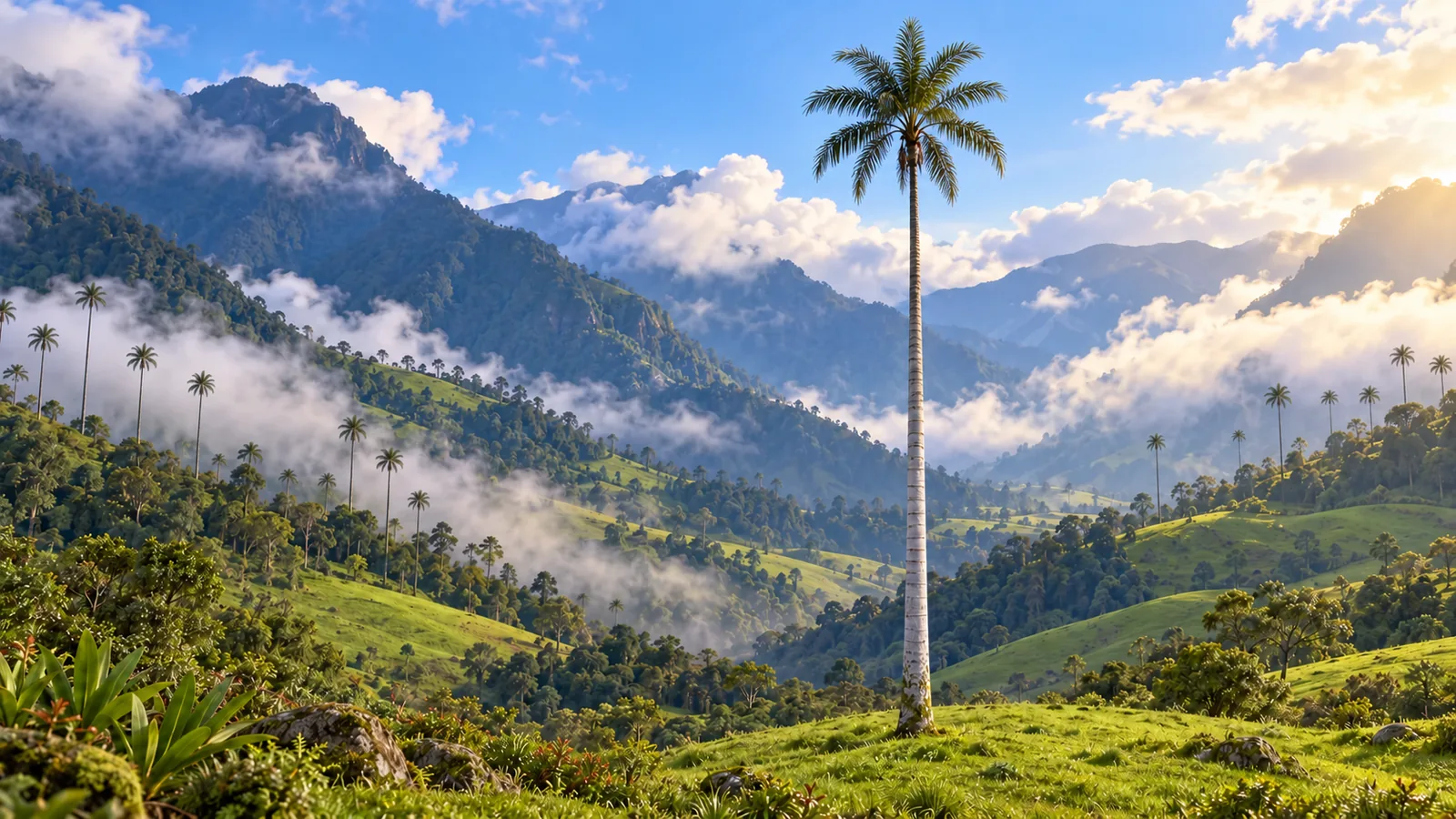 Palma muy alta y delgada entre montañas verdes del Valle de Cocora